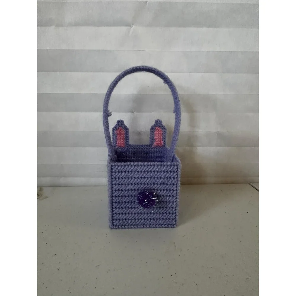 Mini Easter Basket Purple with Bunny – Colorful Plastic Canvas Handmade Gift